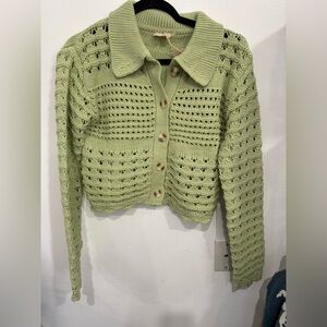 Hem & Thread Light Olive Green Crochet Button Cardigan